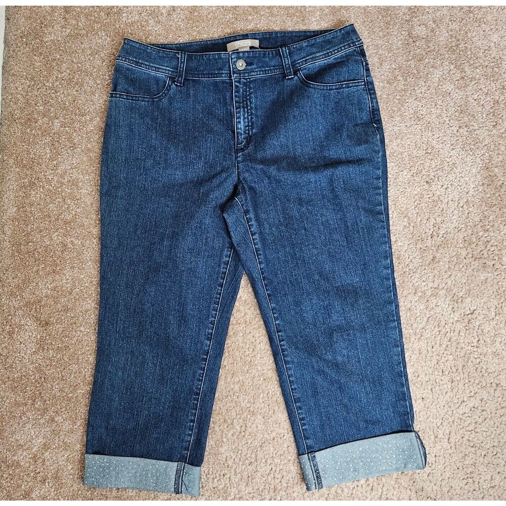 Chicos Womens 15 Cuffed Capri Blue Jeans Mid-Rise Med Wash Denim Bling 32" Waist